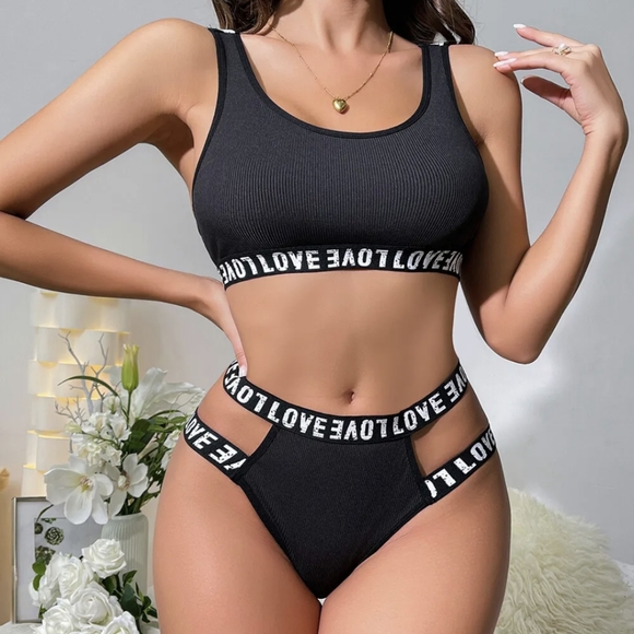 Sexy Women's 2 Piece Love Letter Print Ribbed Knit Lingerie Set Bra and Panty US - Picture 8 of 10